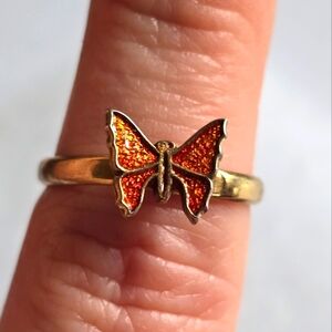 Vintage butterfly ring dainty gold tone adjustable moth insect bug orange